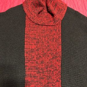 DKNY TUNIC SWEATER-STRIKING IN RED & BLACK WITH VERIGATED KNIT PATTERN-COWL NECK